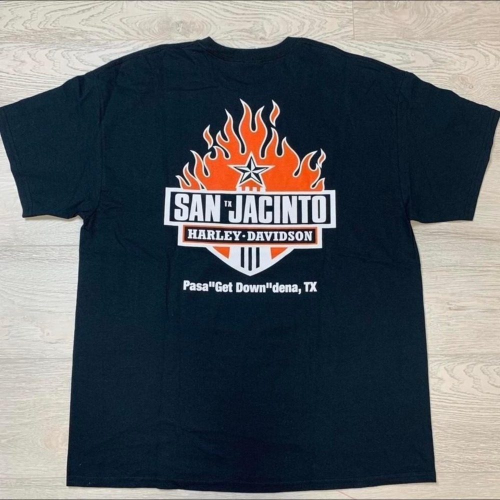 Harley Davidson San Jacinto Pasadena Texas Flame Graphic T-Shirt Mens Black XL